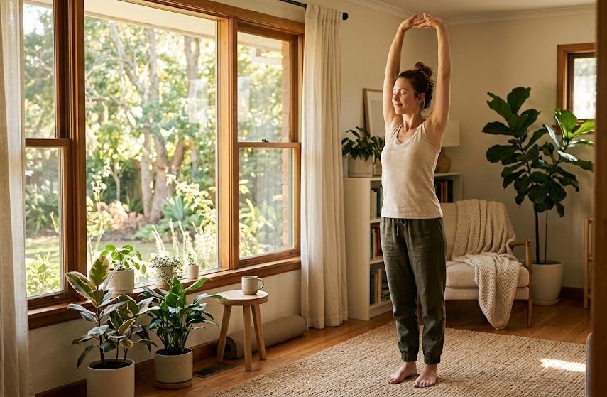 Persona estirándose con calma junto a una ventana con luz cálida de la mañana