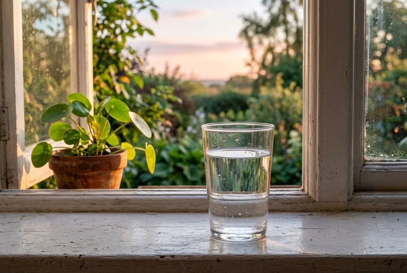 Vaso de agua junto a una ventana iluminada por el sol de la mañana