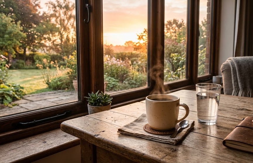 Mesa junto a una ventana al amanecer con una taza de café y un vaso de agua